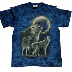 Tričko pro dospělé - vlci vyjící na měsíc, modrá batika