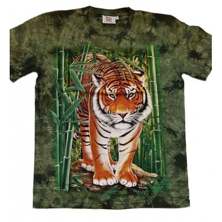 Tričko pro dospělé - tygr hnědý v bambusu, zelená batika