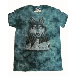 Tričko pro děti - vlk, modrozelená batika