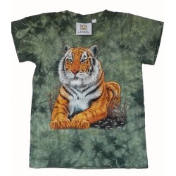 Tričko pro děti - tygr hnědý ležící, zelená batika