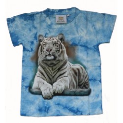 Tričko pro děti - bílý tygr ležící, modrá batika