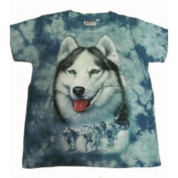 Tričko pro děti - pes husky, modrá batika