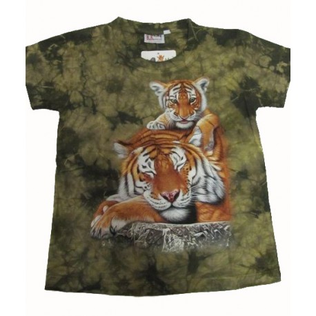Tričko pro děti - tygr hnědý s mládětem, zelená batika