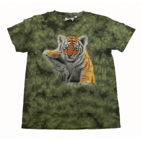 Tričko pro děti - tygr hnědý mládě, zelená batika