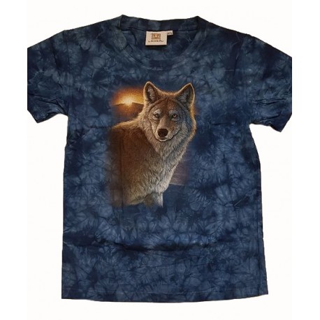 Tričko pro děti - vlk a západ slunce, modrá batika