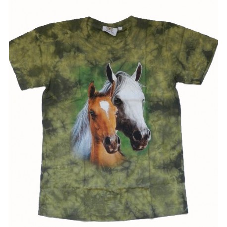 Tričko pro děti - koně hlavy, zelená batika