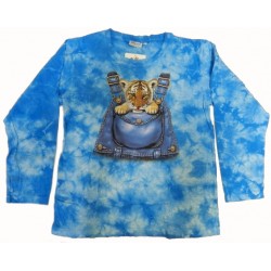 Tričko pro děti, dlouhý rukáv - tygřík hnědý v kapse, modrá batika