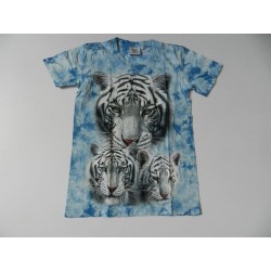Tričko pro dospělé - bílý tygr 3x hlava, modrá batika