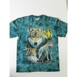 Tričko pro dospělé - vlci, modrozelená batika